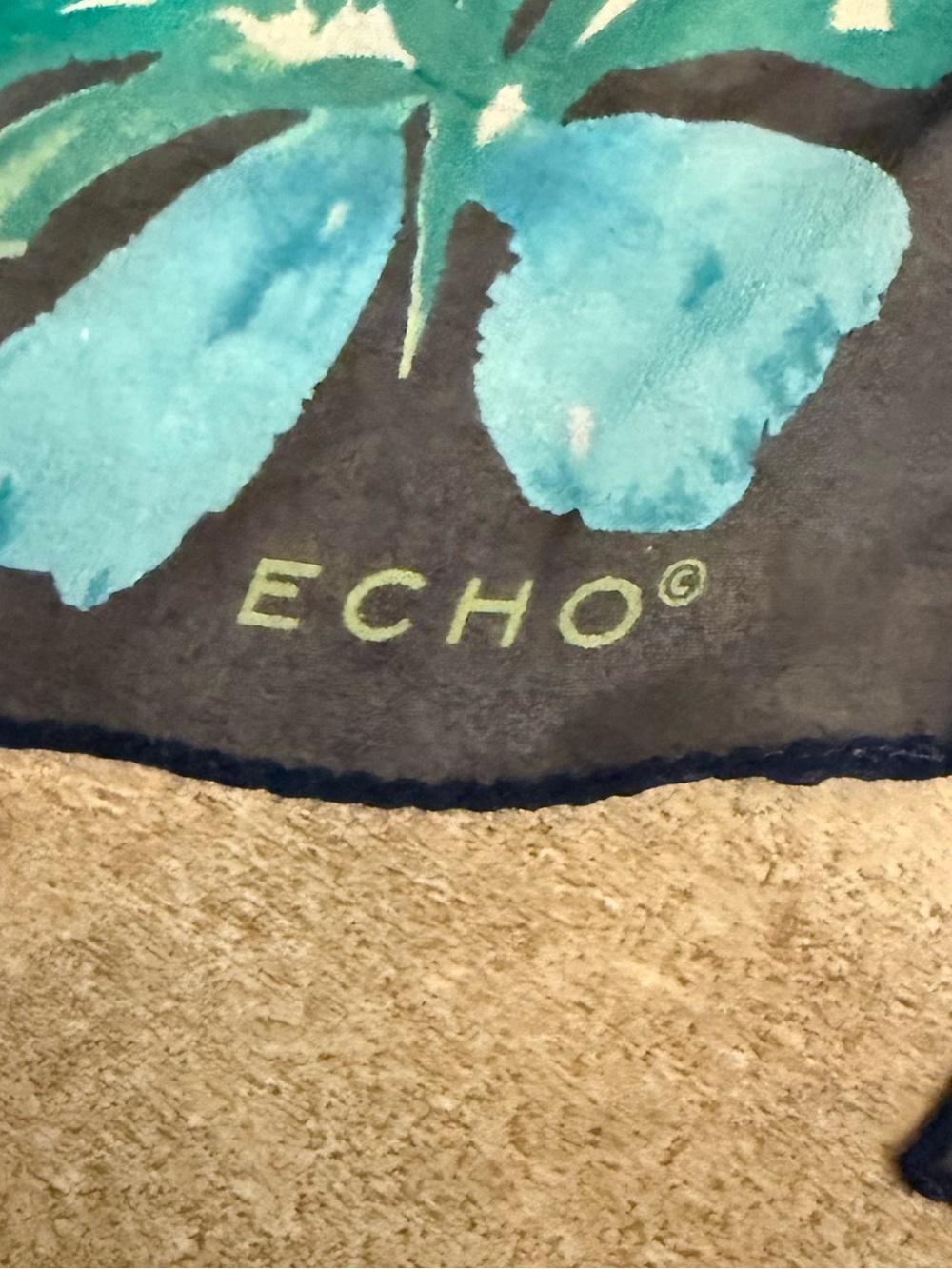 Vintage Rare Echo 100% Silk Butterfly Scarf Navy Blue Green Long Sheer Wrap 90s - Picture 3 of 4